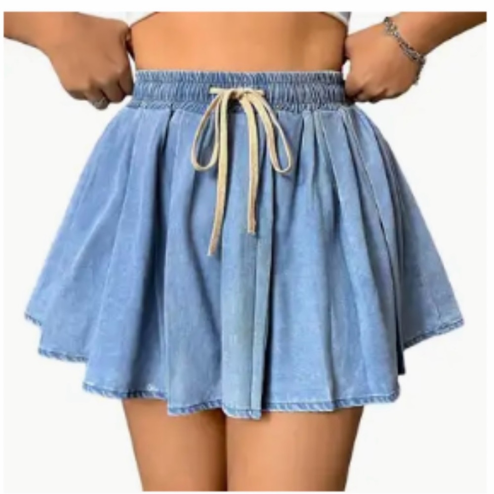 Blue Mini Skater Skirt with Pleated Tie Front
